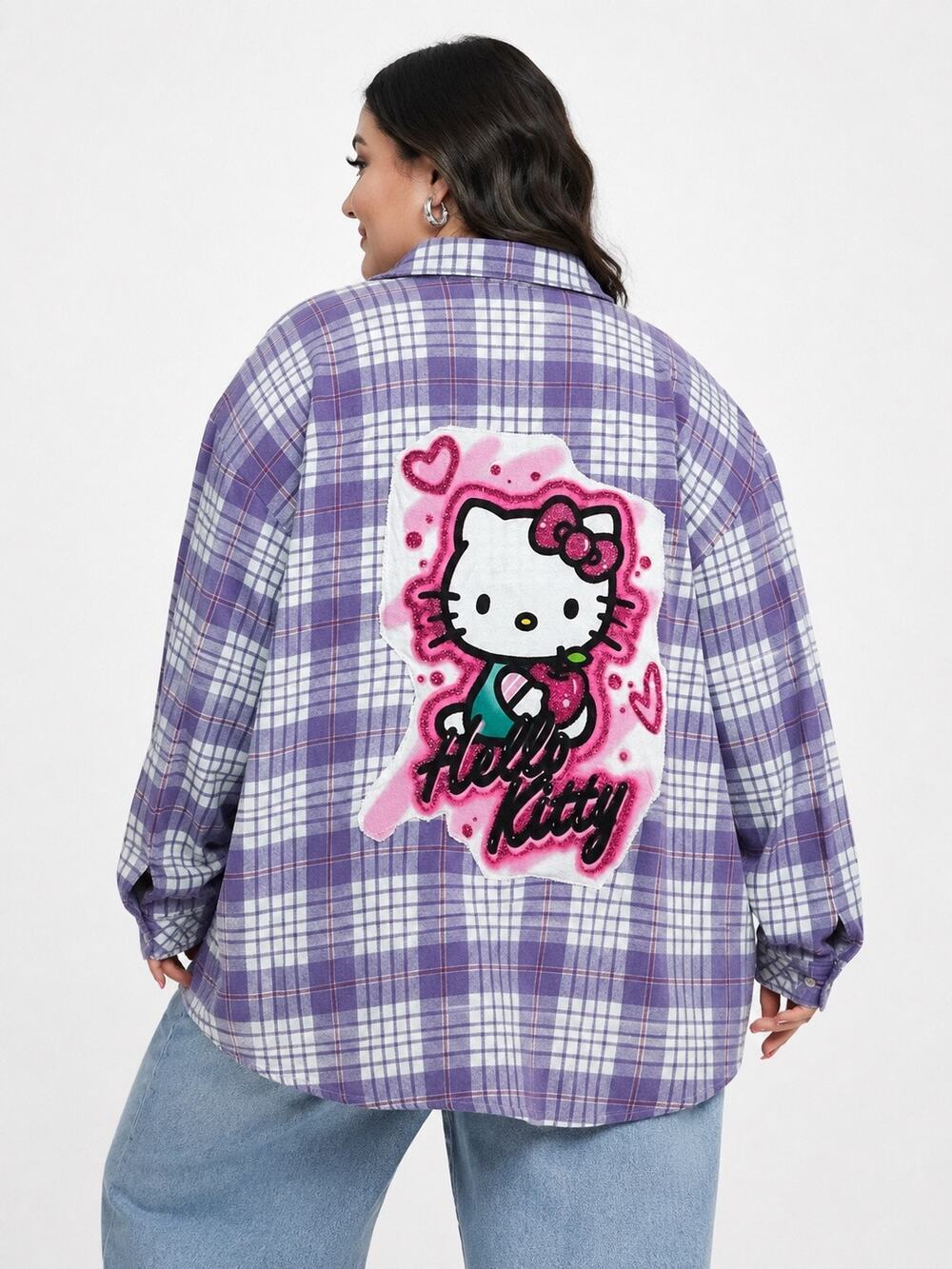Woman Within 5X Purple White Plaid Hello Kitty Button Front Shirt Top